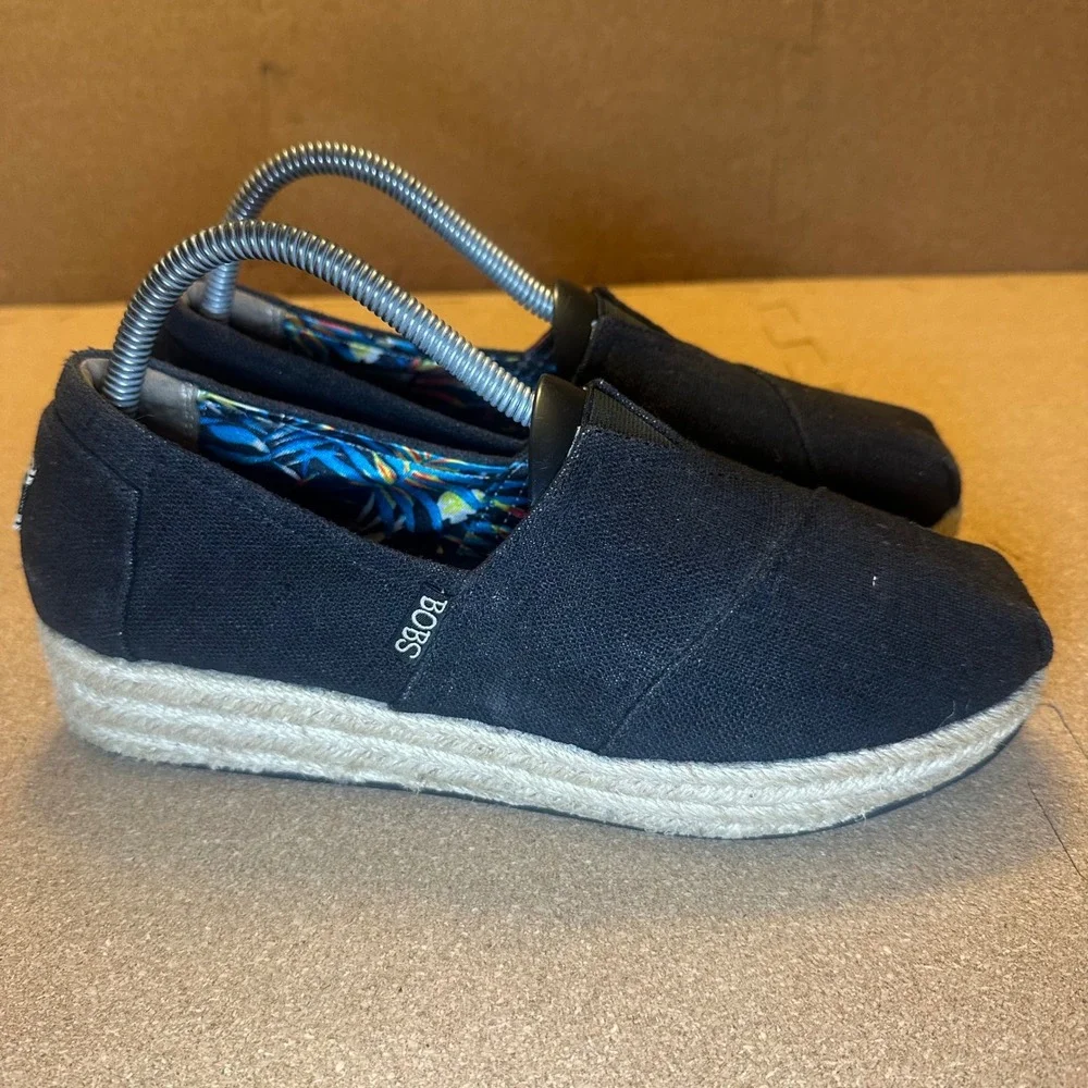 BOBS from Skechers Women Black Canvas Espadrille Platform Slip On Flats Size 9.5